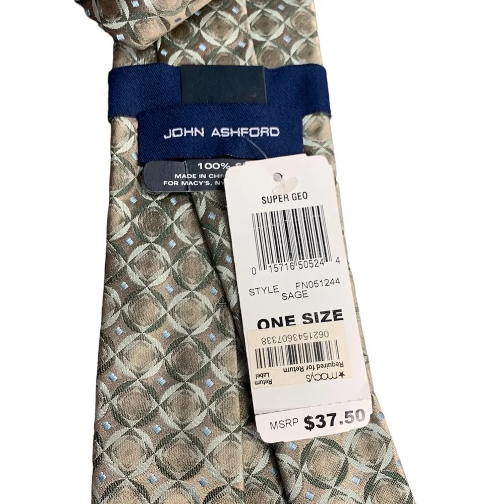 John Ashford Tan Cream & Blue‎ Geometric Circle Pattern 100% Silk Tie NWT